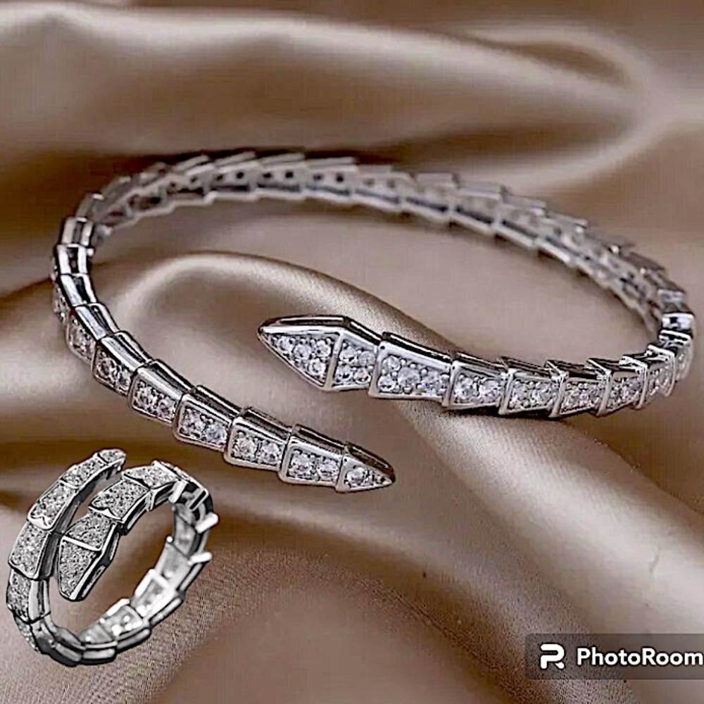 Silver Zircon Snake Bangle Bracelet Ring Set
